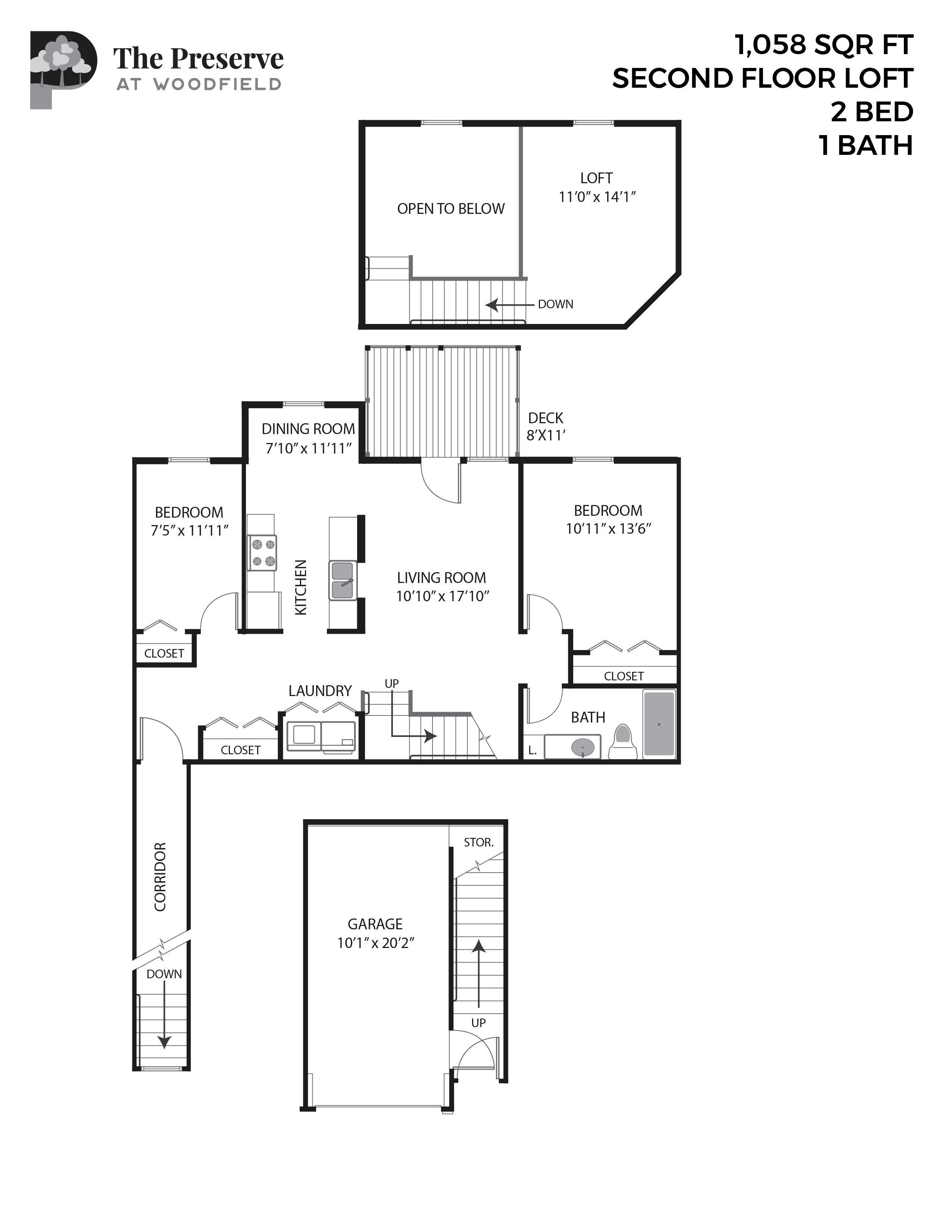 Floor plan for 2 beds, 1 bath, 1058 sqft